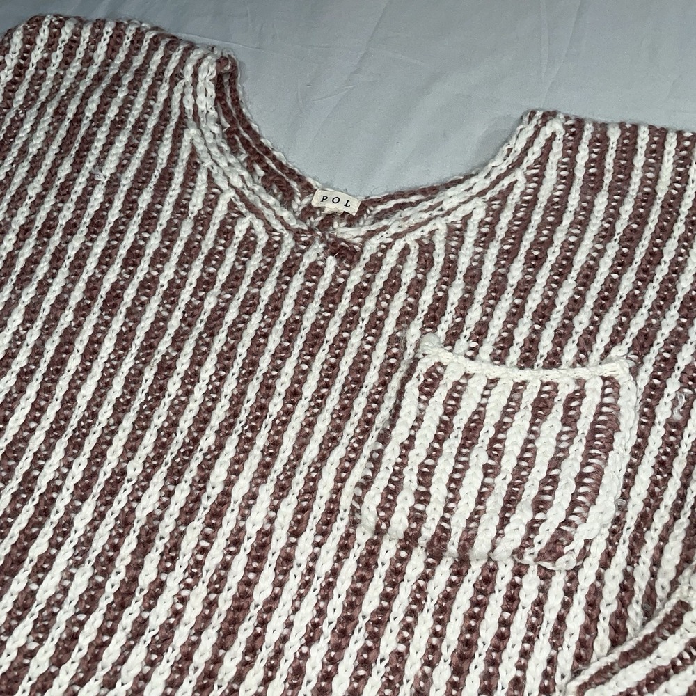 POL Cable Knit Sweater Brownish Red/ White Stripe Women's Size M Wool Blend